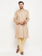 Vastramay Men's Beige Matka Silk Kurta and Gold Pant Style Pyjama Set